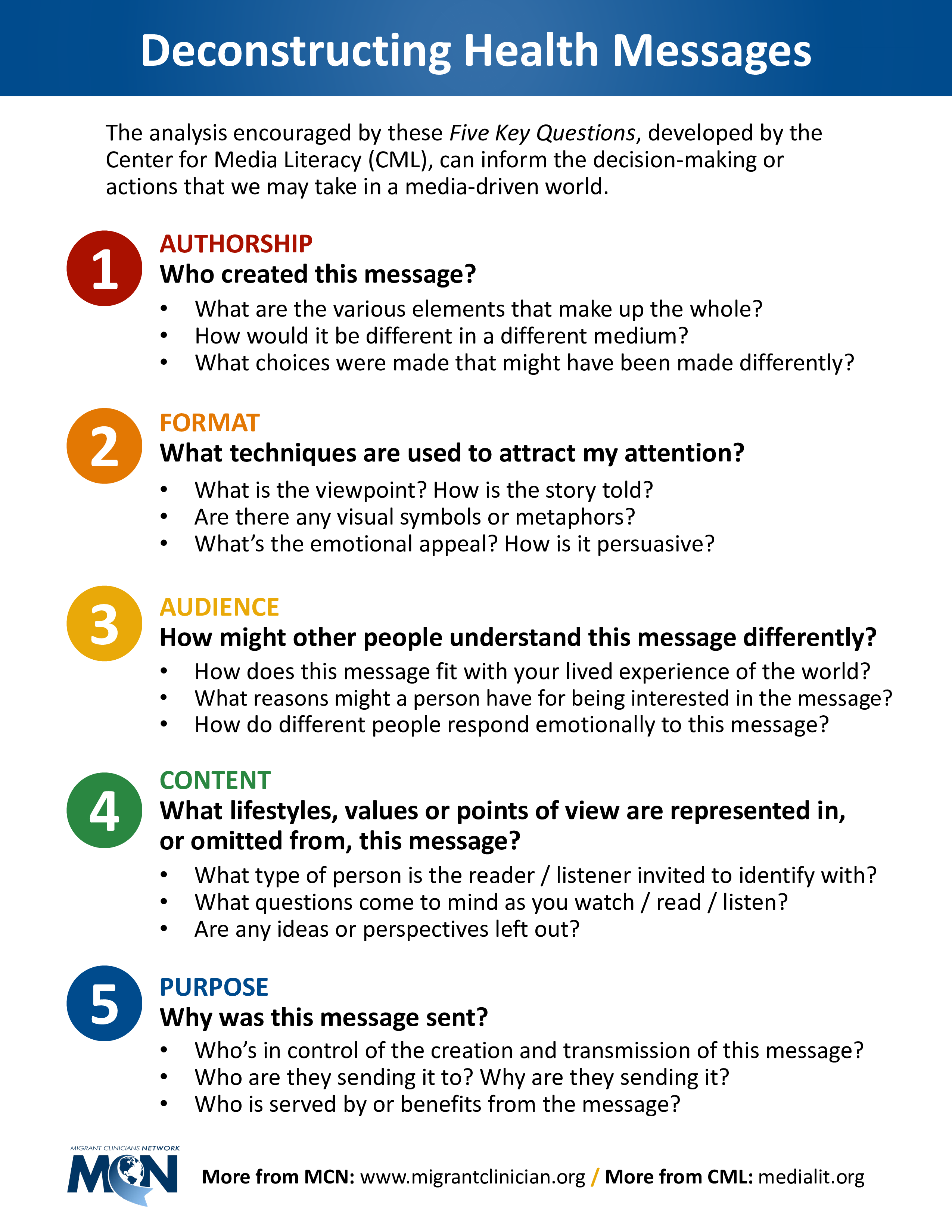 A snapshot of the factsheet with the list of five questions to ask to improve media literacy