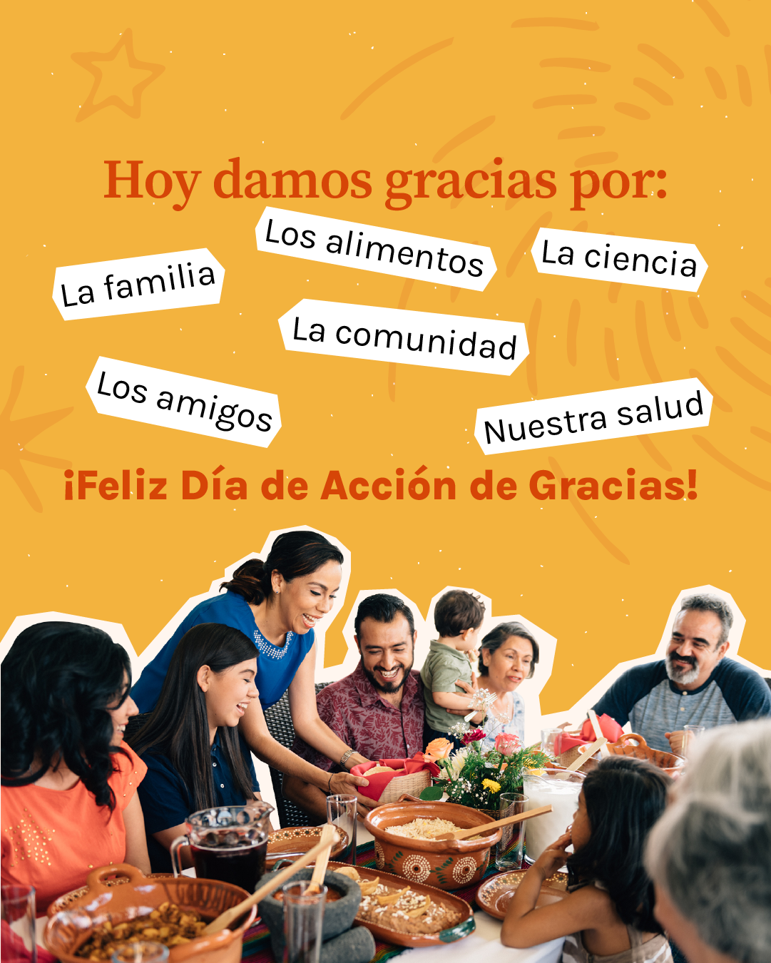 Thanksgiving-themed graphic with yellow background showing a family gathering around a dinner table. Text reads: “Today, we’re thankful for: familia, friends, food, community, science, health. Happy Thanksgiving!”