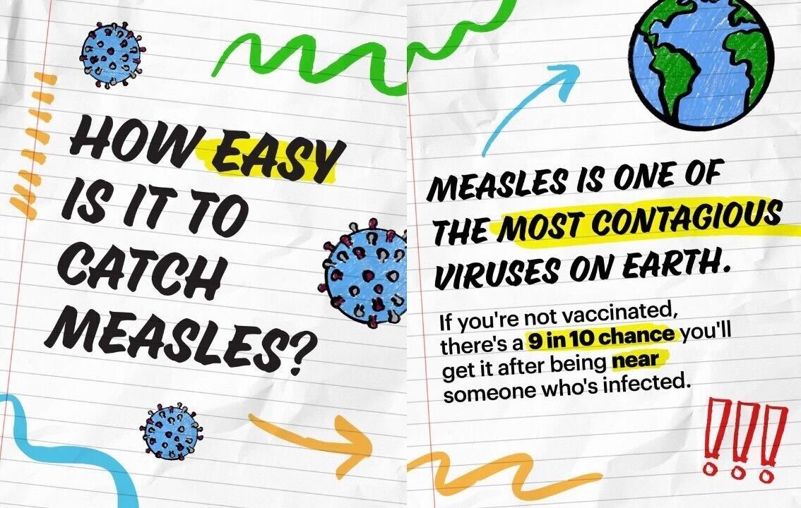 White notebook paper like graphic with information how easy it is to contract measles White notebook paper like graphic with waves of different colors and blue illustrations of bacteria with text that reads "How easy is it to catch measles?""Measles is one of the most contagious viruses on earth. If you're not vaccinated, there's a 9 in 19 chance you'll get it after being near someone who's infected."