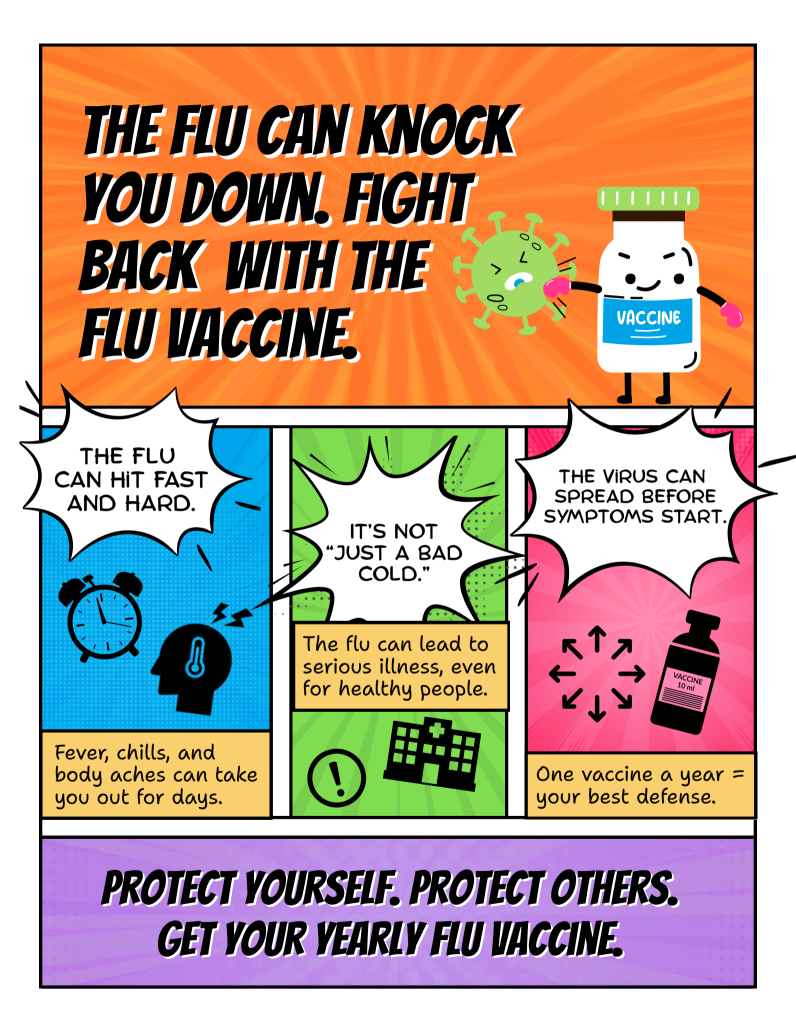 Comic book series: How immunization protects communities Comic-style graphic with bold text that says, “The flu can knock you down. Fight back with the flu vaccine.” Panels below read: “The flu can hit fast and hard. Fever, chills, and body aches can take you out for days.” “It’s not just a bad cold. The flu can lead to serious illness, even for healthy people.” “The virus can spread before symptoms start. One vaccine a year = your best defense.” Bottom text: “Protect yourself. Protect others. Get your yearly flu vaccine.”