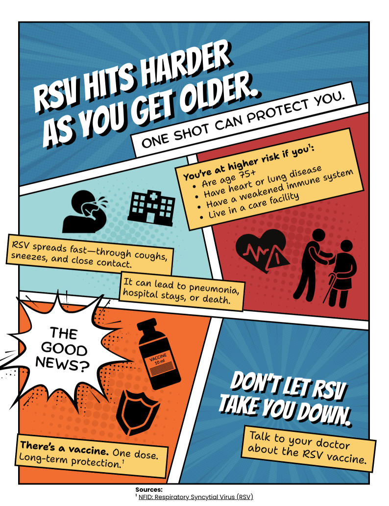 Comic book series: How immunization protects communities Flyer with text above that reads, "RSV hits harder as you get older." "One shot can protect you." The flyer reminds people that RSV symptoms get worse with age with people 75 plus and immunocompromised people being at higher risk. Explains that RSV spreads fast through coughs, sneezes, and close contact and that one dose of the vaccine protects long-term. Final message, "Don't let RSV take you down." "Talk to your doctor about the RSV vaccine."