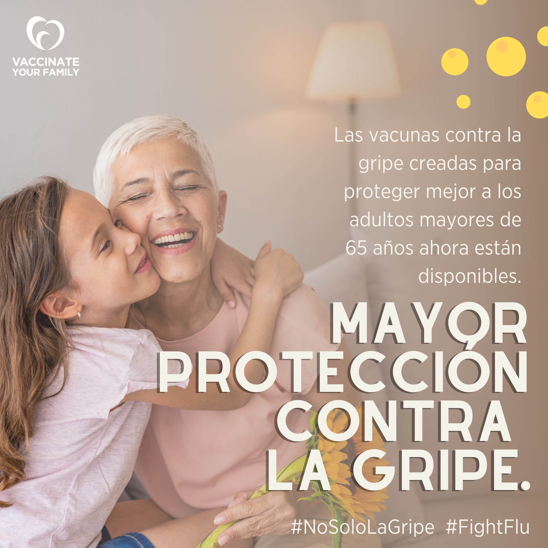 A white senior woman smiles. Text reads, "Enhanced protection against the flu. Flu vaccines created to better protect adults 65+ now available."