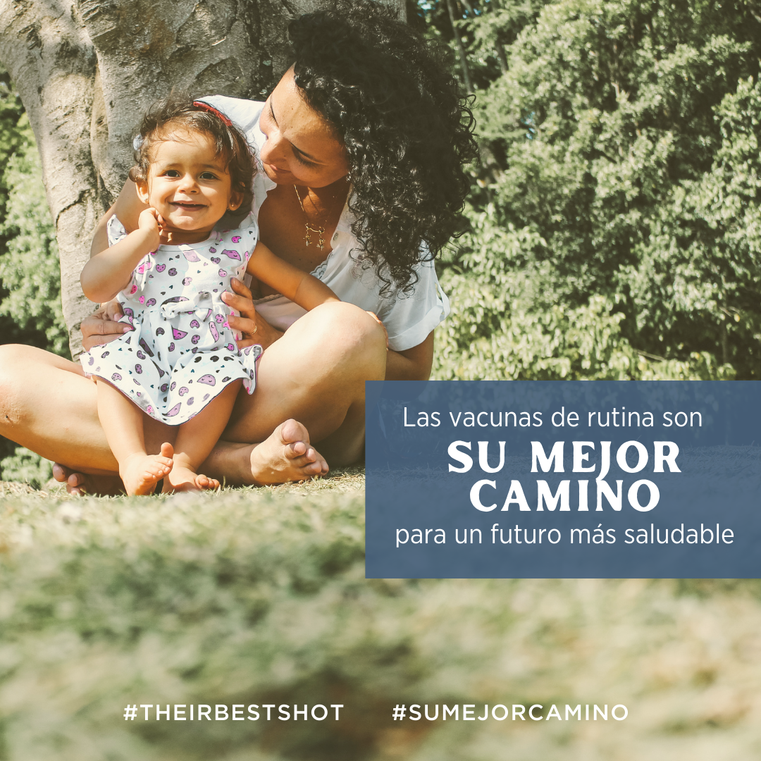 A mother holds her young child outdoors. Text reads, "routine vaccinations are their best shot for a healthier future."