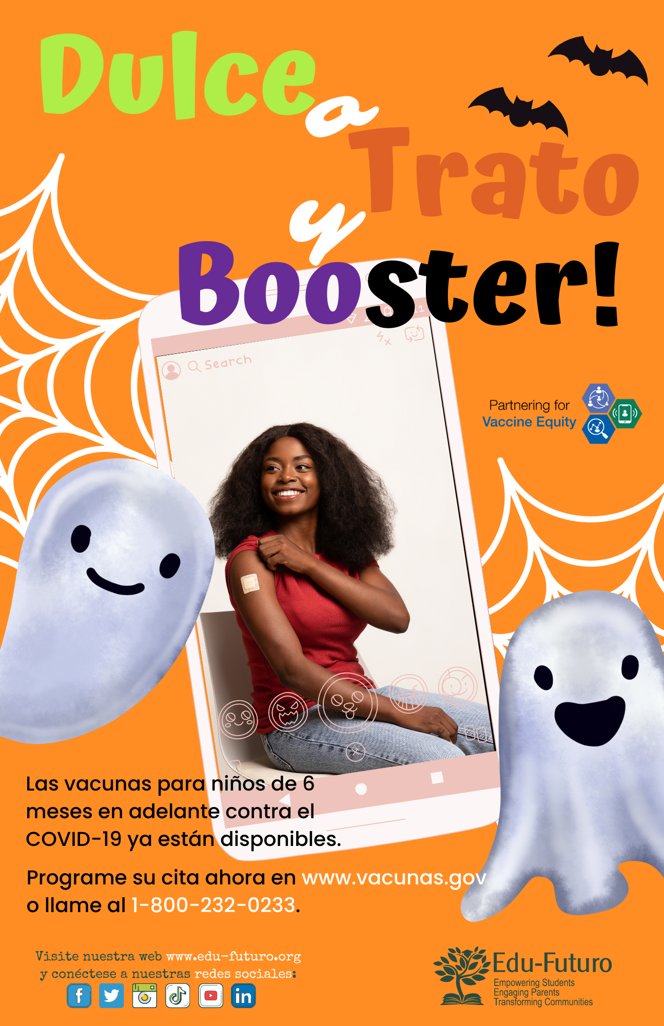 A Black woman shows an adhesive bandage on her arm where she got vaccinated, with cartoon images of ghosts, bats, and spider webs. Spanish text reads, "Trick or Treat and Booster It!"