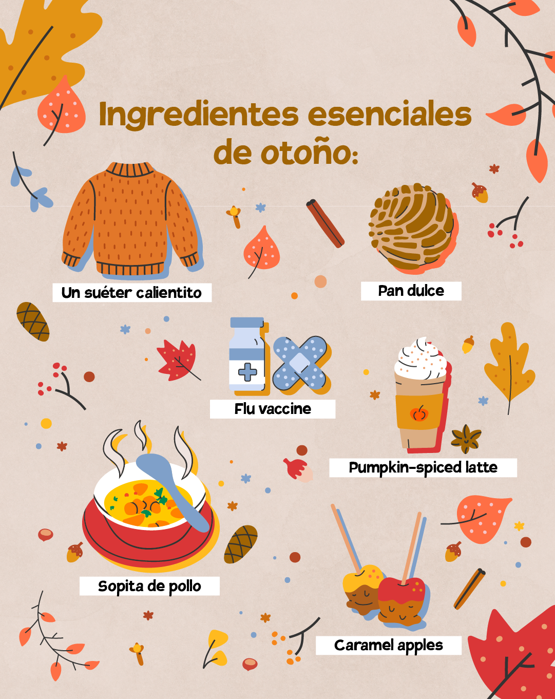 Graphic is autumn-themed with different colored leaves in the background. Text at top reads: “Fall essentials.” Underneath, a variety of items are illustrated with text labels: A cozy orange sweater, pan dulce, a flu vaccine in a blue vial and a blue bandage, a pumpkin-spiced latte, sopita de pollo, and caramel apples.