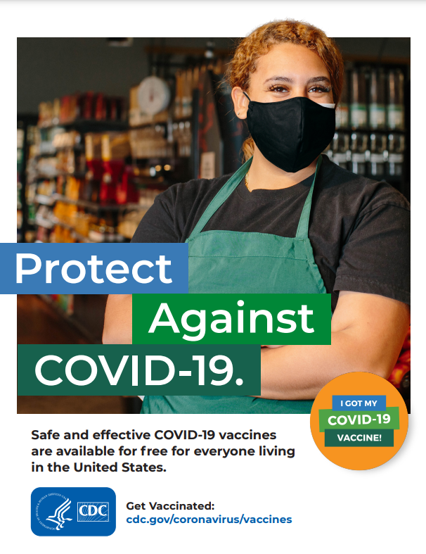 Image of a Hispanic woman wearing a mask behind a phrase that says "Protect from COVID-19."
