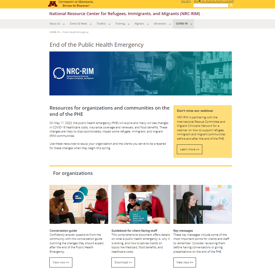webpage includes three photos. One features two young Black people having a conversation, the next features a pamphlet with a young by getting a vaccine, the third shows a young Asian woman pointing to a whiteboard. 