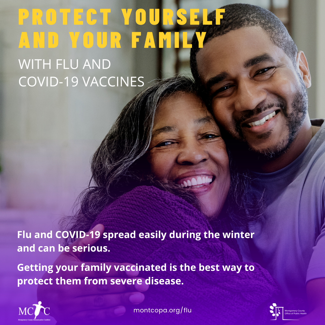 A Black mother and son embrace and smile. Text reads, "Protect yourself and your family with flu and covid-19 vaccines. Flu and COVID-19 spread easily during the winter and can be serious. Getting your family vaccinated is the best way to protect them from severe disease."