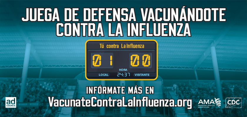 Scoreboard shows a score for 1 - You vs. 0 - Flu. Spanish text reads, play defense with a flu shot"