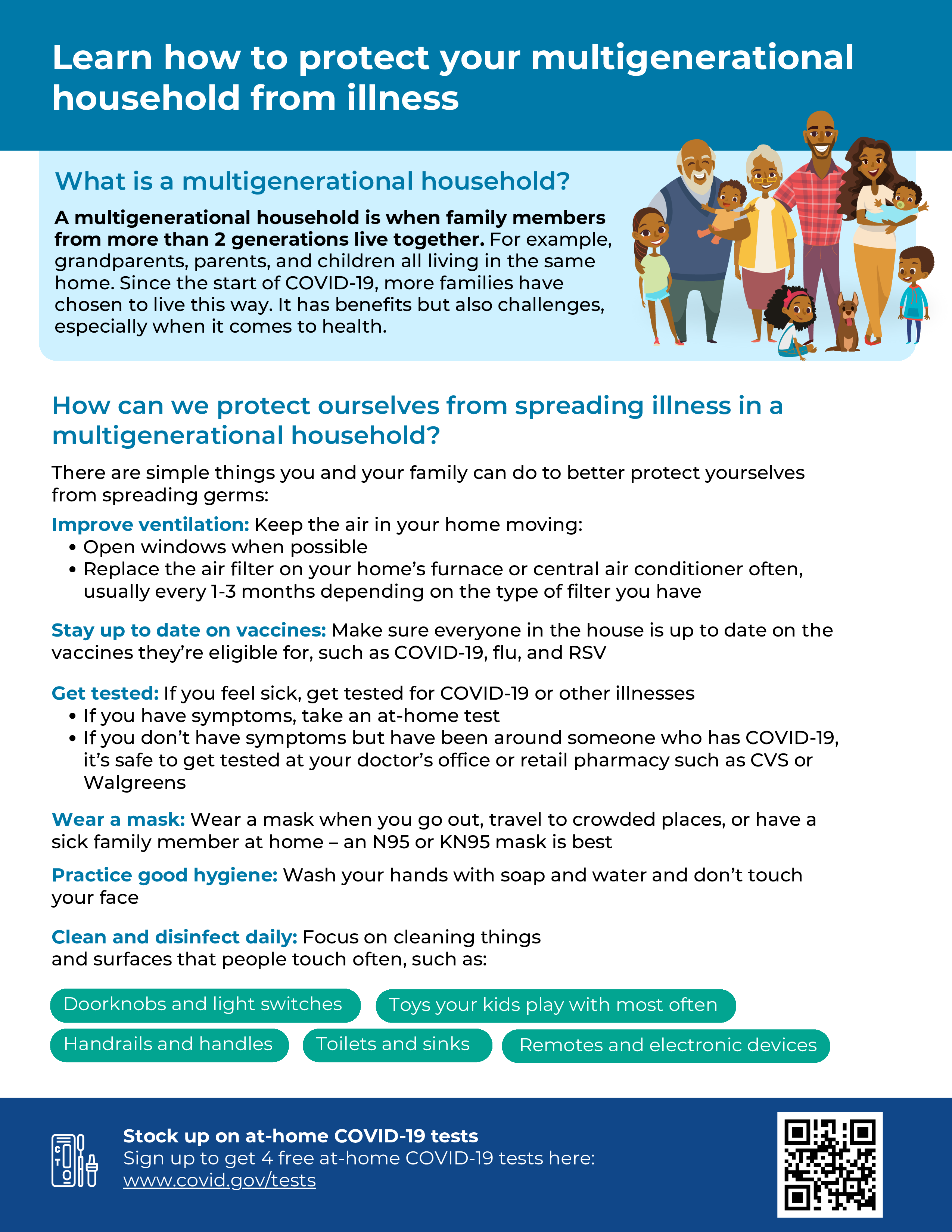 Factsheet shows a cartoon image of a multigenerational Black family, with every age from grandparents to babies represented.