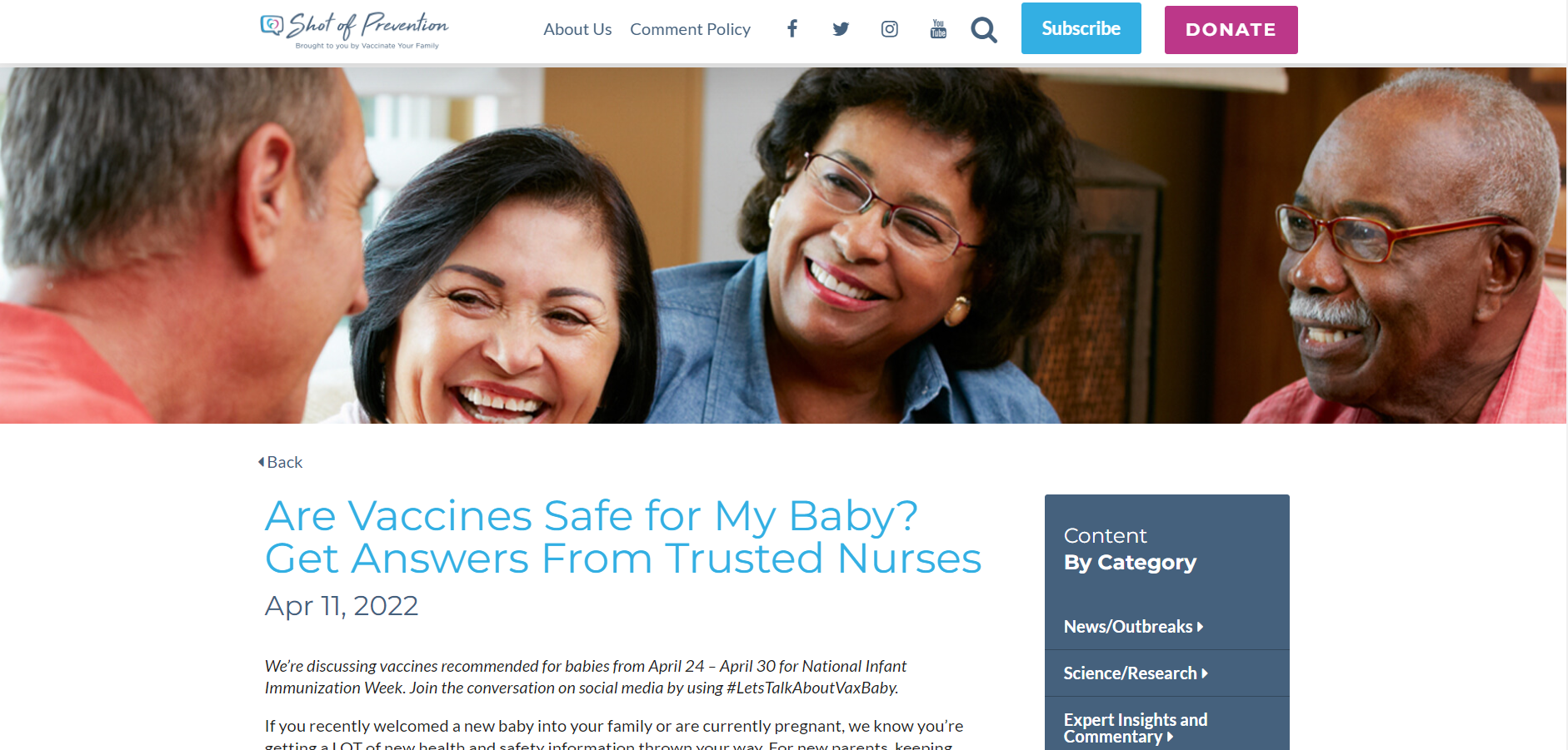 Screenshot of webpage titled "Are Vaccines Safe for My Baby? Get Answers From Trusted Nurses"