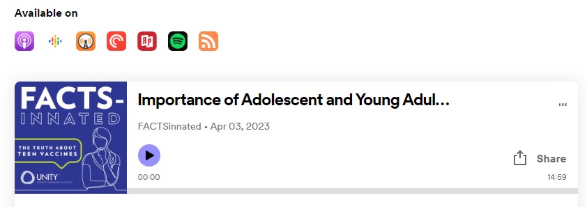 Podcast player page for FACTSinnated Podcast Episode titled, "The Importance of Adolescent and Young Adult Voices"