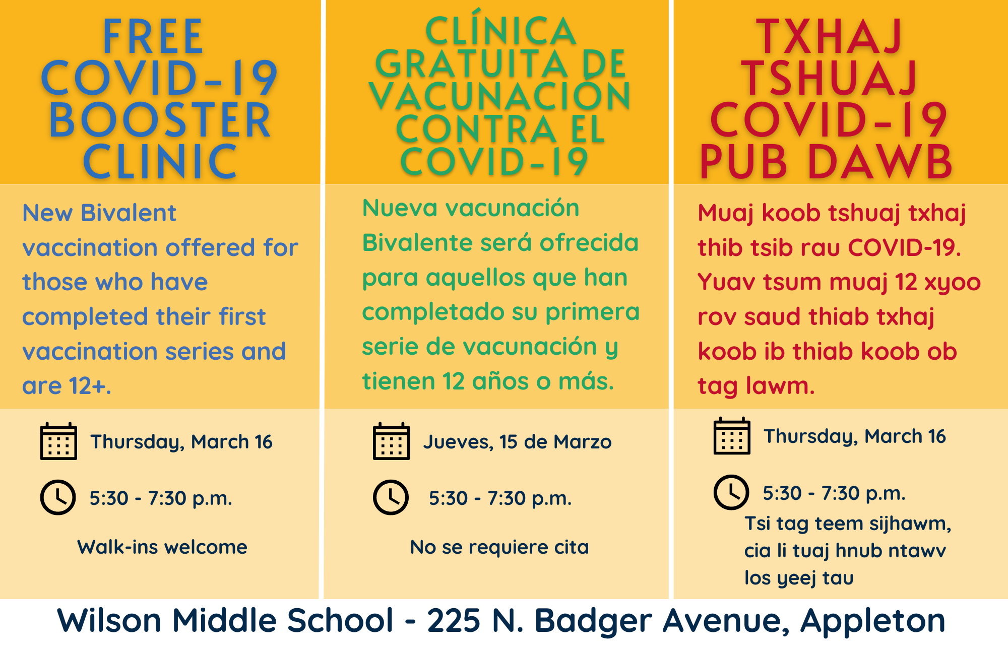 Flyer with blue English text, green Spanish text, and red Hmong text on a yellow background to promote a vaccine clinic event.