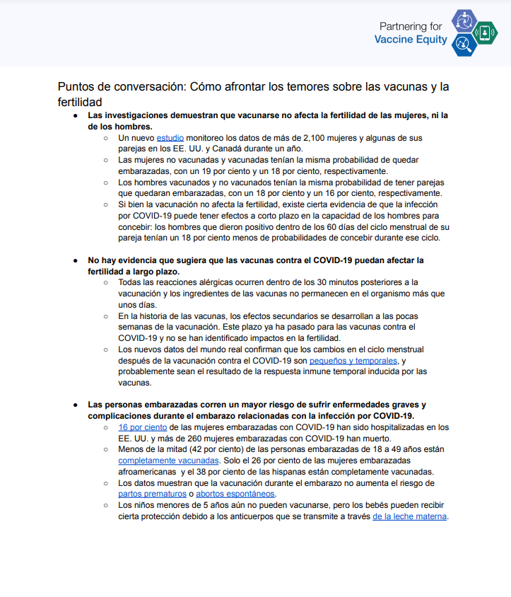 Spanish talking points with title "Tackling fears around vaccine and fertility: Suggested Talking Points"
