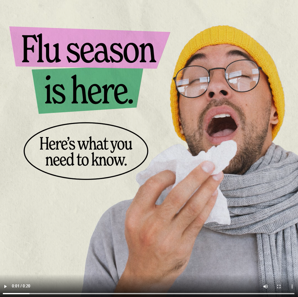 A man sneezes into a tissue. Text reads, "Flu season is here. Here's what you need to know."