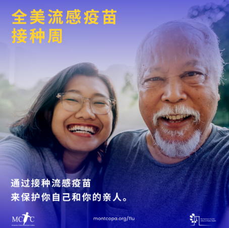 Smiling and happy older man and young woman are hugging and there is a flu vaccine message in Chinese around them. The organization logo and weblink are at the bottom.