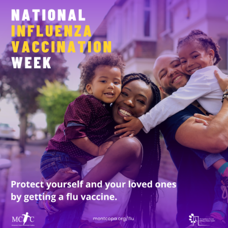 Smiling and happy Black family of four with a flu vaccination message around them and the organization logo and weblink are the bottom.