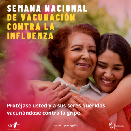 Smiling and happy older woman and older female child are hugging with a flu vaccination message in Spanish around them and the organization logo and weblink at the bottom.