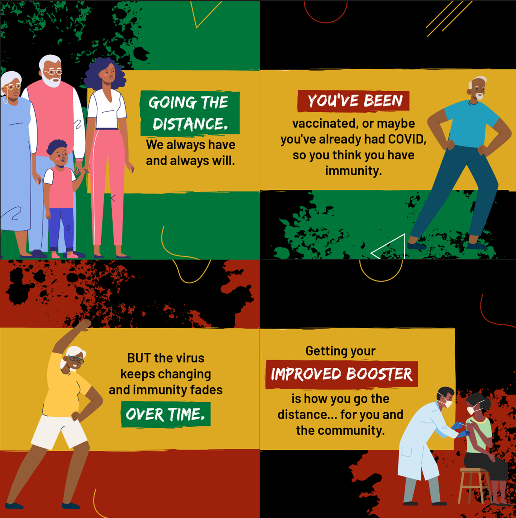 Four static graphics of Black community getting together, exercising, getting vaccinated by a healthcare provider. Background is yellow, green, red, and black themed for Black History Month.