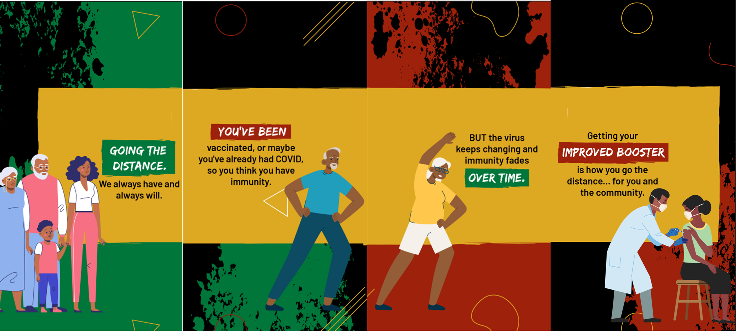 Four static graphics of Black community getting together, exercising, getting vaccinated by a healthcare provider. Background is yellow, green, red, and black themed for Black History Month.