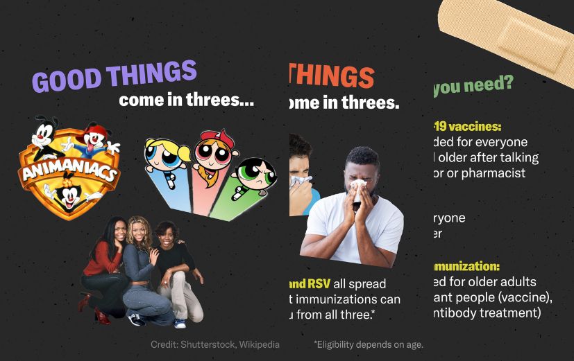 1: “Good things come in 3s” with images of Animaniacs, Powerpuff Girls, and Destiny’s Child. 2: “But bad things can also come in 3s. COVID-19, the flu, and RSV all spread this time of year, but immunizations can help protect you from all 3.” 3: “Not sure which you need? COVID-19 vaccines: Recommended for everyone 6 months+ after talking with a doctor or pharmacist. Flu vaccines: Recommended for everyone 6 months+. RSV immunization: Recommended for older adults, pregnant people, and infants.”