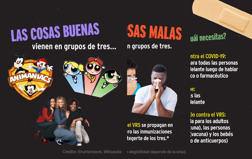 1: “Good things come in 3s” with images of Animaniacs, Powerpuff Girls, and Destiny’s Child. 2: “But bad things can also come in 3s. COVID-19, the flu, and RSV all spread this time of year, but immunizations can help protect you from all 3.” 3: “Not sure which you need? COVID-19 vaccines: Recommended for everyone 6 months+ after talking with a doctor or pharmacist. Flu vaccines: Recommended for everyone 6 months+. RSV immunization: Recommended for older adults, pregnant people, and infants.”