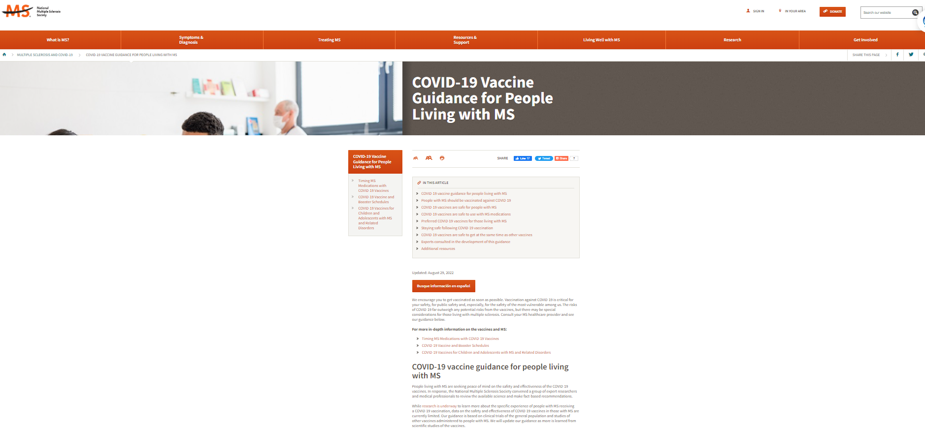 Website with orange and black National Multiple Sclerosis Society logo at the top left corner. Tile of the website is COVID-19 Vaccine Guidance for People Living with MS and it has a white background with orange and gray text boxes.