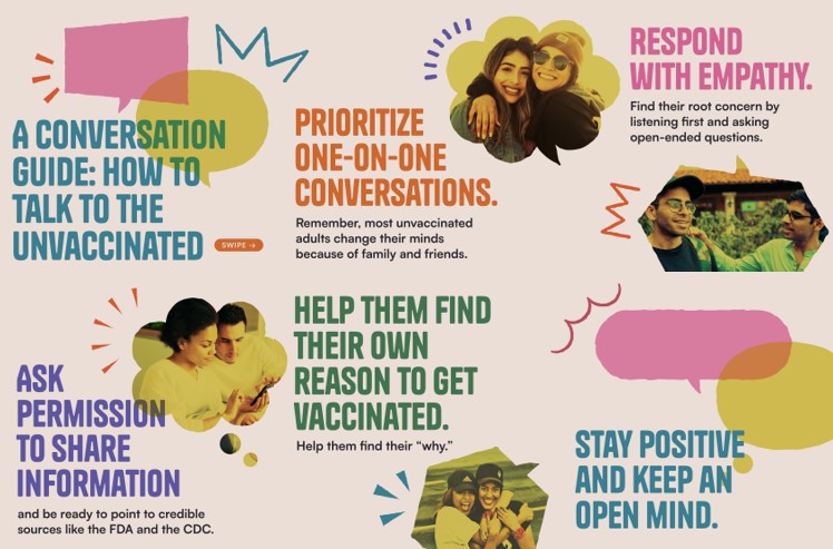 First graphic says a conversation guide: how to talk to the unvaccinated. Various people of multiple races and genders are shown embracing each other and doing activities like looking at a phone together.