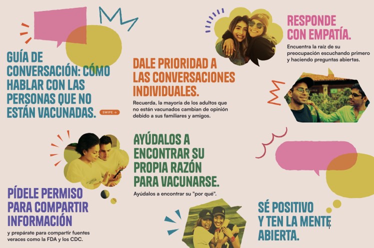 First graphic says a conversation guide: how to talk to the unvaccinated. Various people of multiple races and genders are shown embracing each other and doing activities like looking at a phone together