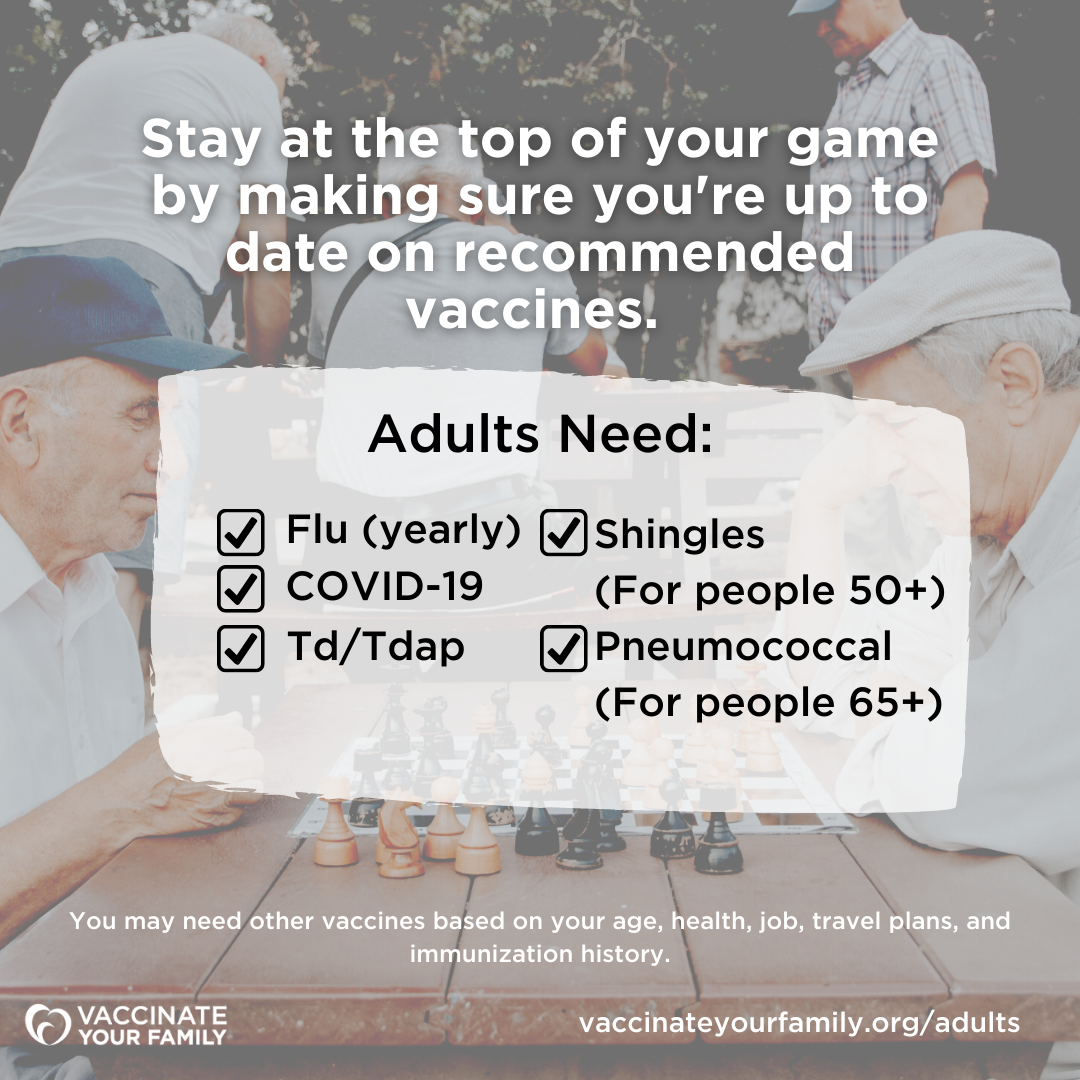 The image shows elderly white males playing chess together. The image also shows a list of vaccines that adults need. 