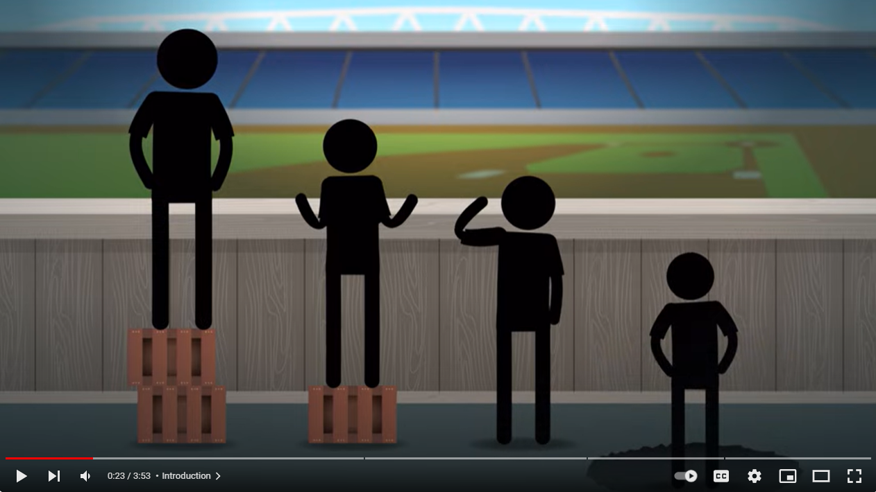 Graphic of four stick people watching a baseball game over a fence. One is standing on two milk crates to watch the game, one is standing on a single crate, one is on the ground, and one is in a ditch.