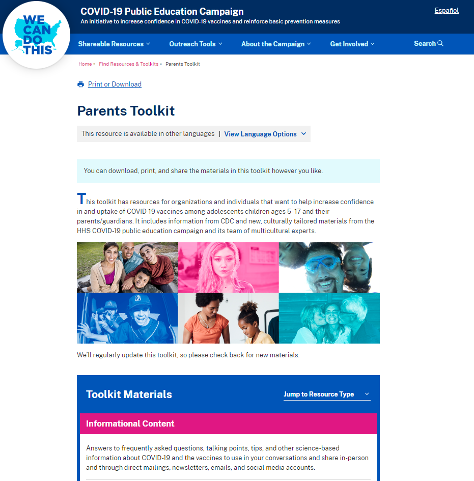 Web page for the HHS Parents Toolkit from the COVID-19 Public Education Campaign.