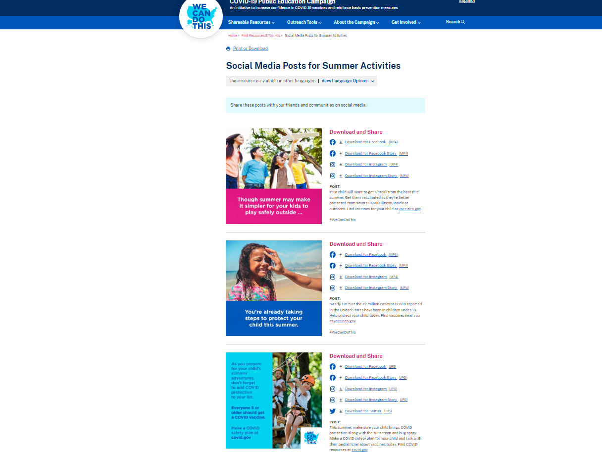 A webpage shows three pictures that show young kids of multiple races next to links to download materials 