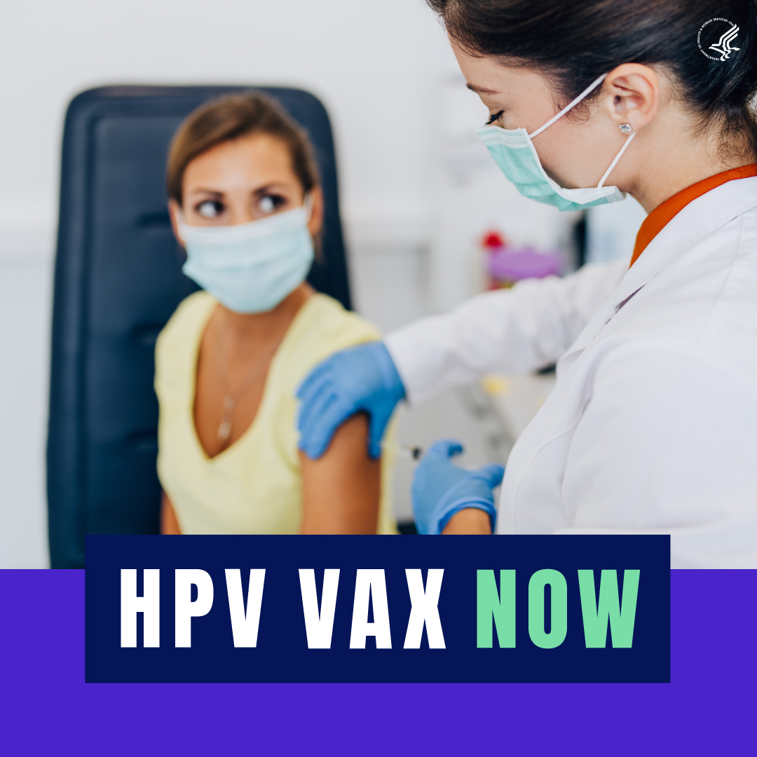 A young woman receives a vaccine from a female healthcare worker. Text reads, "HPV VAX Now."