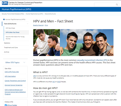 Image of CDC webpage 'HPV and Men - Factsheet'. 
