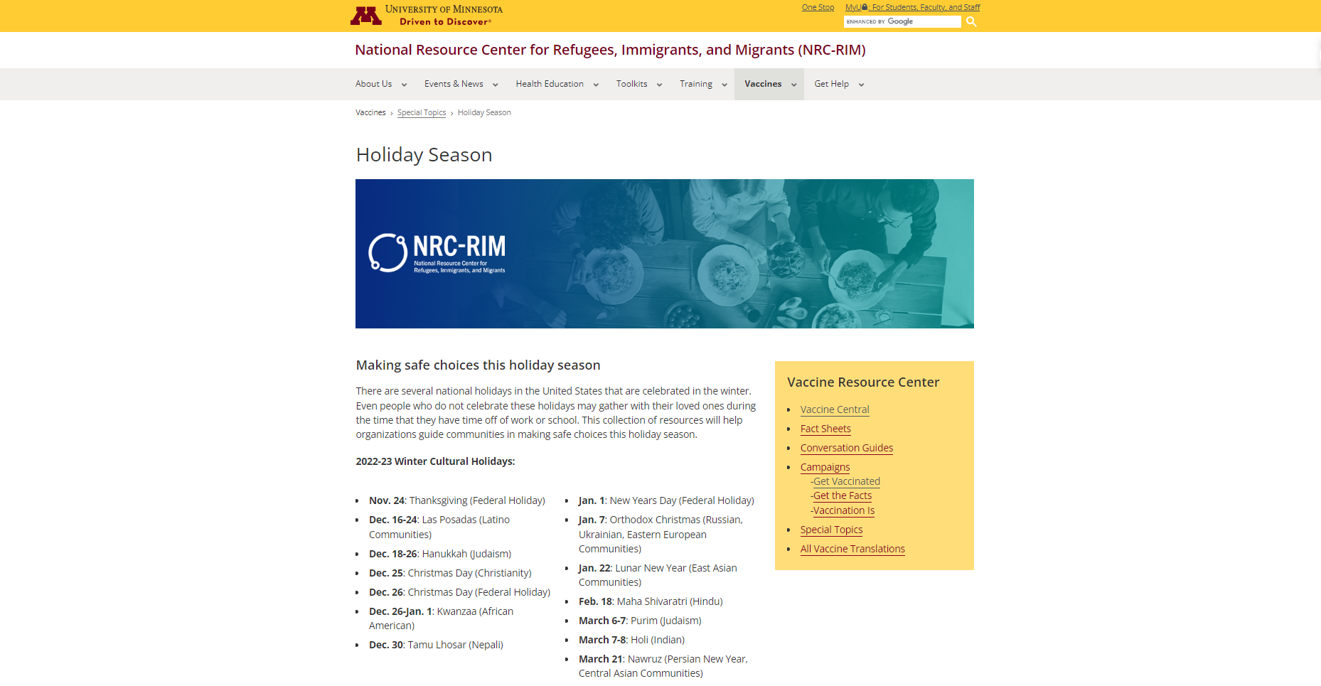 Website with University of Minnesota logo and NRC-RIM logo at the top of the page. Website is a white background with black text and a yellow text box to the right side.