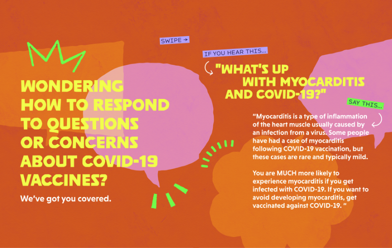 Graphics with orange backgrounds and dialogue bubbles in the background explain how to answer questions or concerns about COVID-19 vaccines