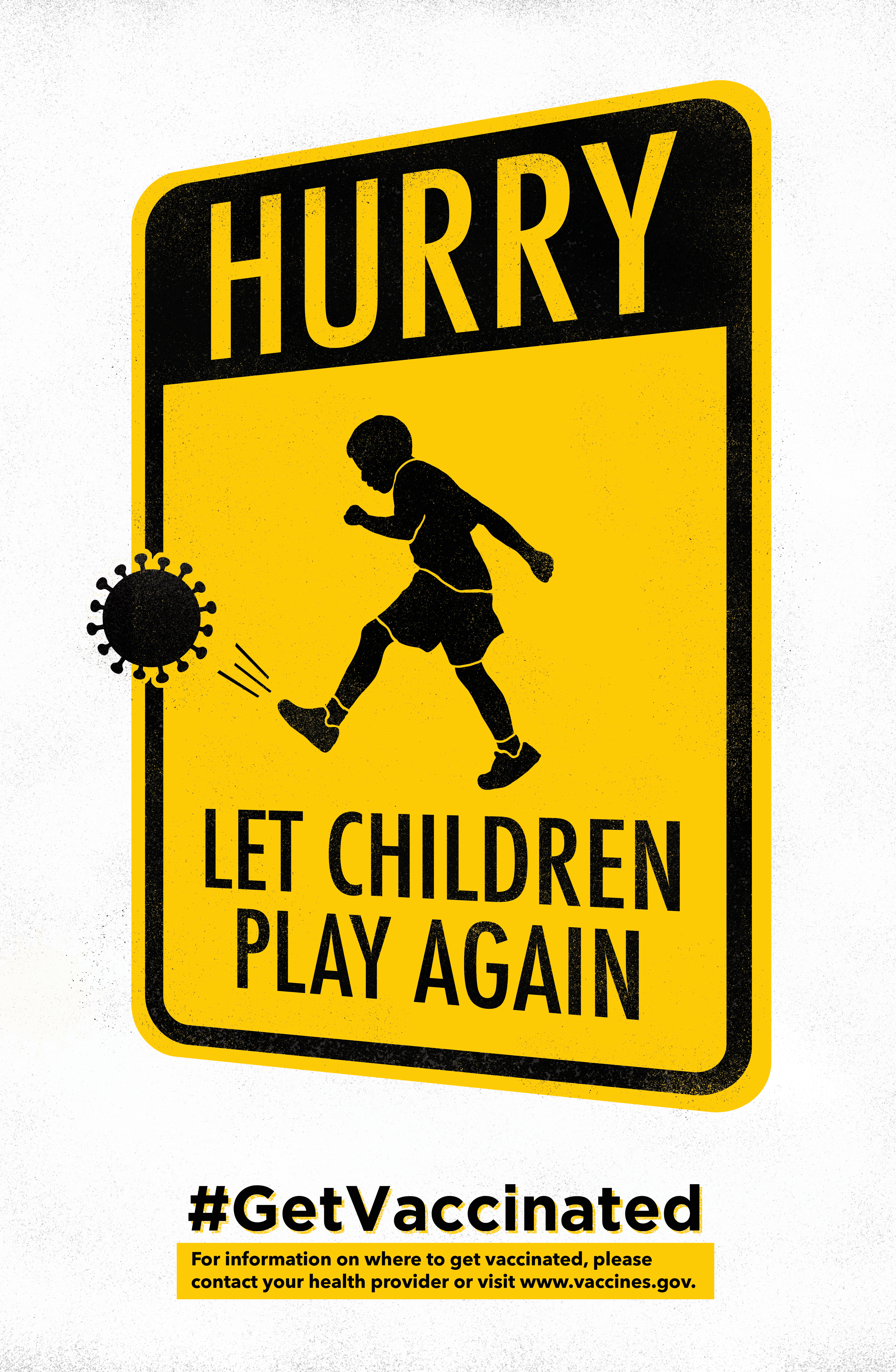 Poster shows a cartoon silhouette of a child playing in the style of a "children playing" street sign