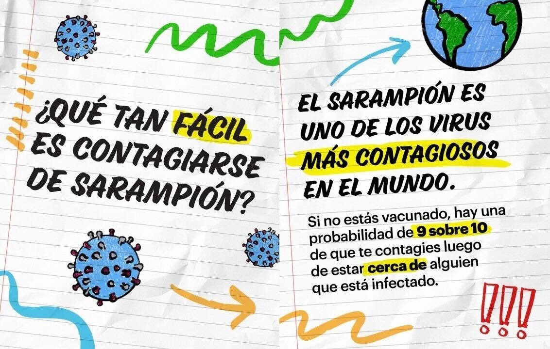White notebook paper like graphic with waves of different colors and blue illustrations of bacteria with text that reads "How easy is it to catch measles?""Measles is one of the most contagious viruses on earth. If you're not vaccinated, there's a 9 in 19 chance you'll get it after being near someone who's infected."