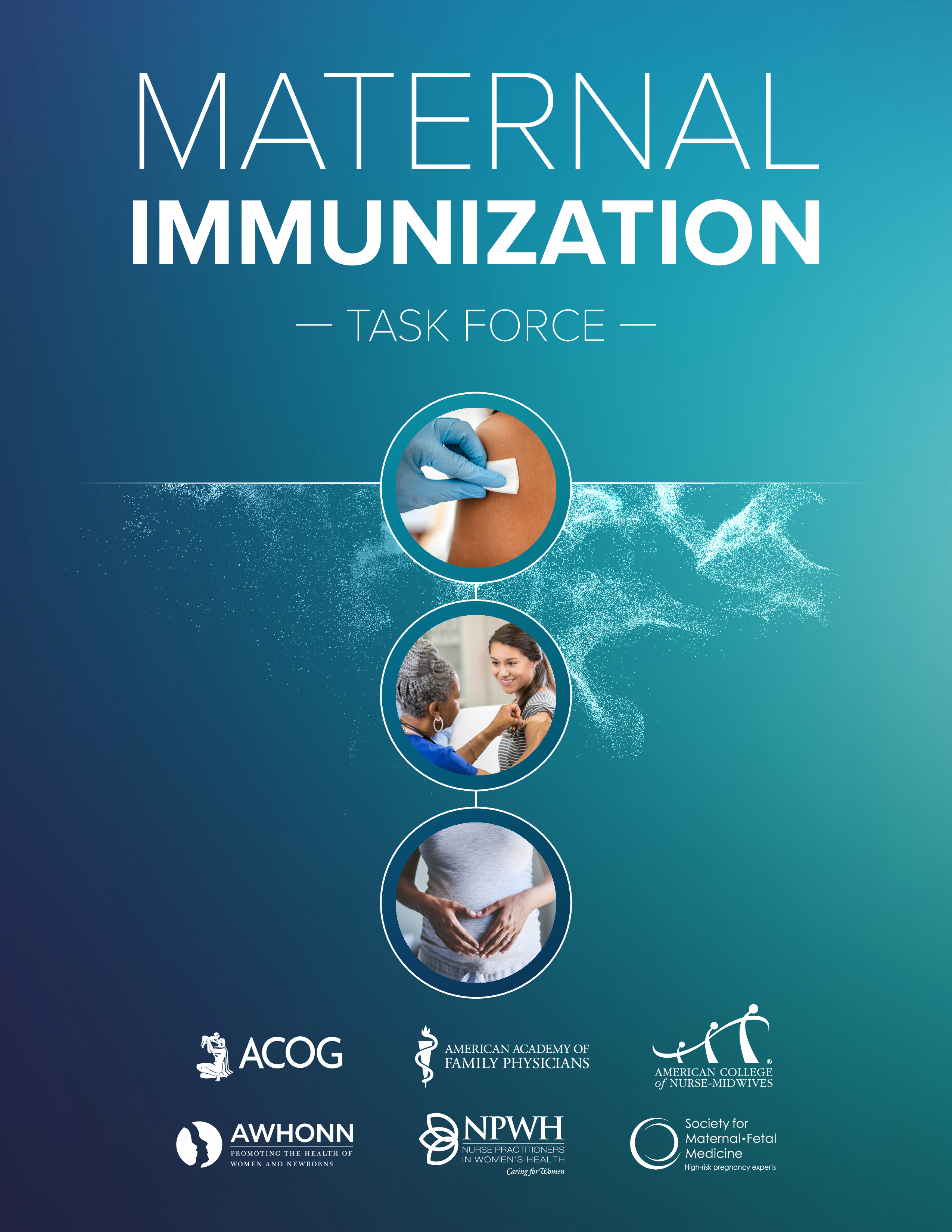 Report cover page shows a provider's hand sanitizing a shoulder, a Black woman placing a band-aid on a girl's shoulder, and a pregnant person making a heart with their hands on their belly.