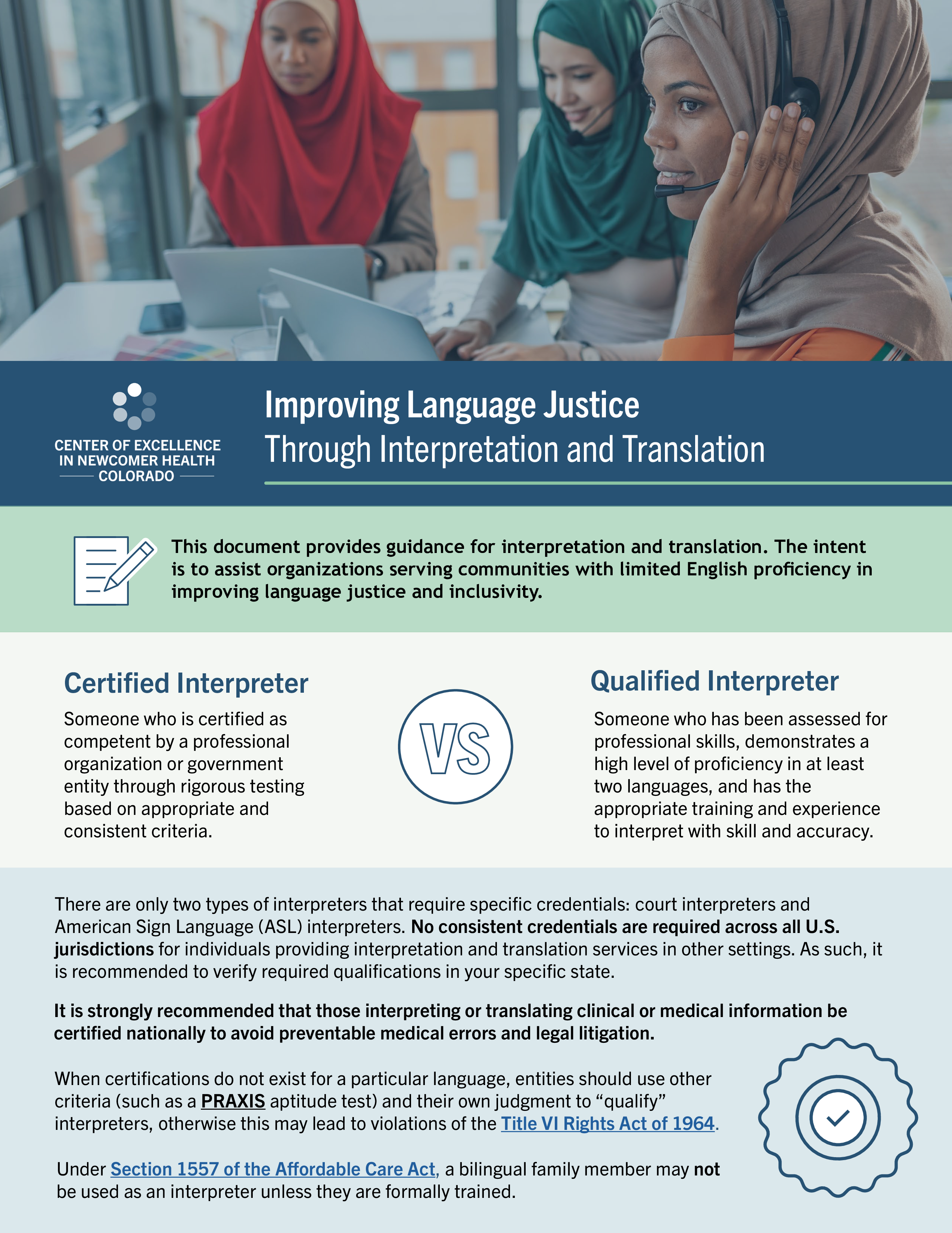 Graphic includes the first page of the factsheet which has an image of three women sitting together at a table with laptops wearing headscarves. One of the women is wearing a headset.