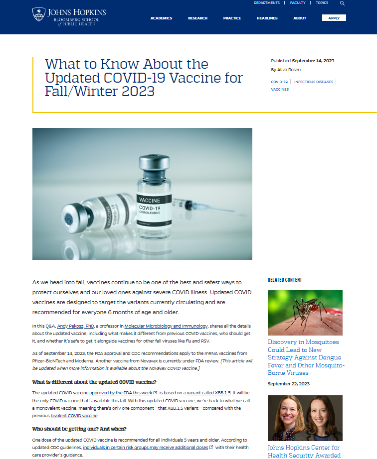 A photo of 2 COVID-19 vaccine vials appears above the text of the article