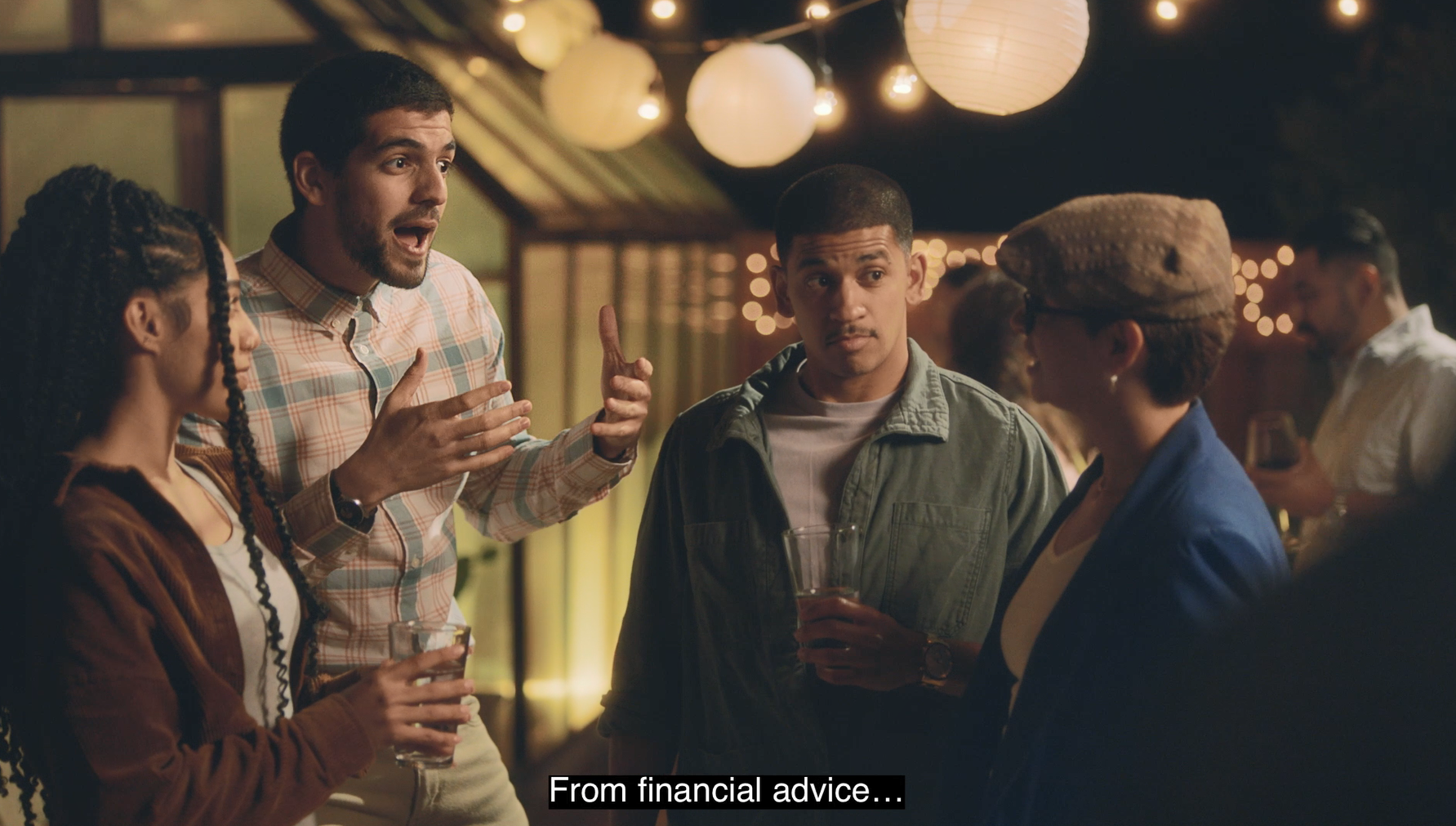 A group of people at a party, with one man speaking enthusiastically. Captions read, "From financial advice...."