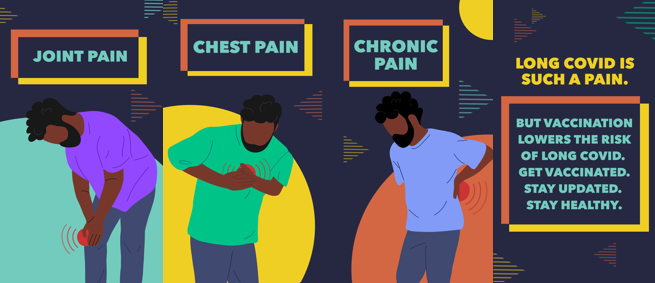 Panel of images includes illustrations of a young Black man clutching his knee, chest, and lower back in pain.