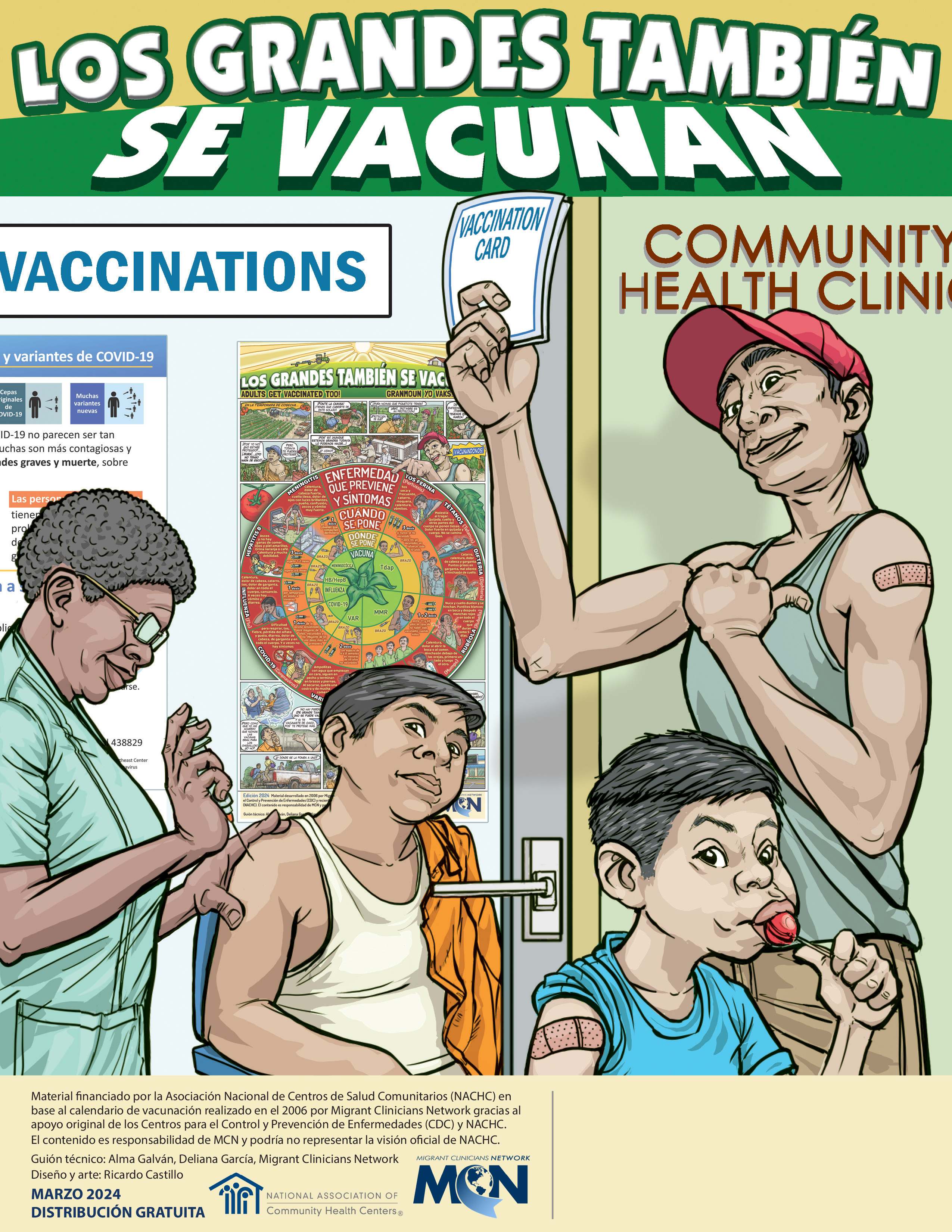 Image of four people, a Black woman administering a vaccine to a Latino man sitting in a chair, a young Latino boy with a Band-Aid on his arm and sucking on a lollipop while sitting, and a Latino man holding a vaccination card in his hand and pointing to the Band-Aid on his arm.