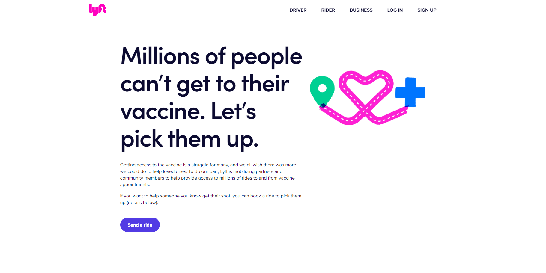 Website with white background and black text. Lyft logo is at the top left corner and there is a sample navigation map from point A to point B with a road shaped like a heart.