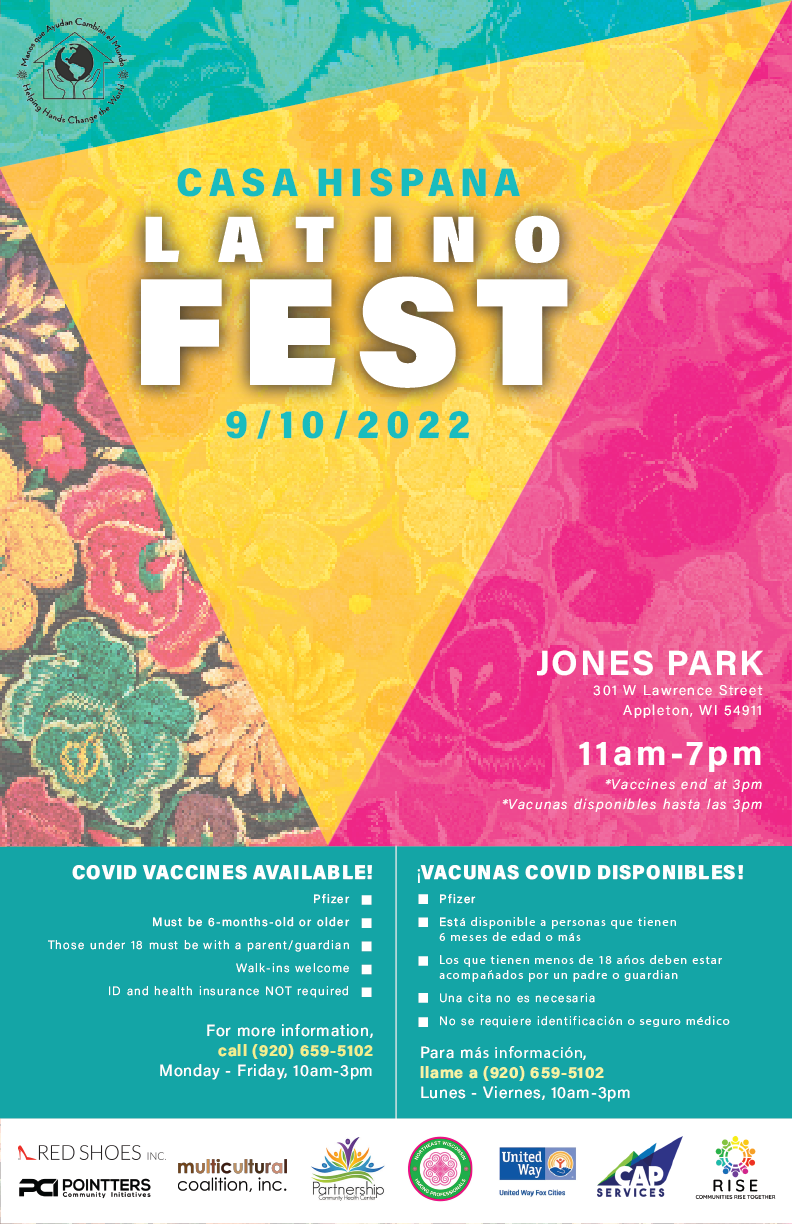 bilingual promotional flyer for a Latino Fest vaccine event