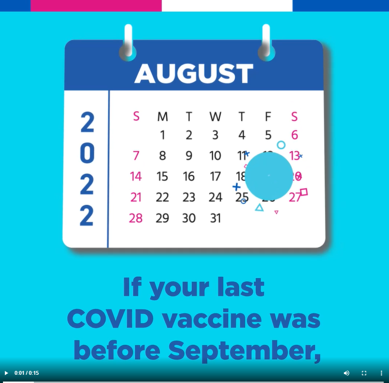 A calendar page for August 2022 with text reading, "if your last COVID vaccine was before September,"