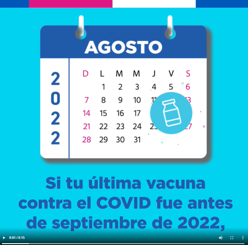A calendar page for August 2022 with Spanish text reading, "if your last COVID vaccine was before September,"
