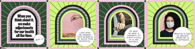 Images shows four separate panels, each with text. There are images of hands preparing food, hands putting on a seatbelt and a masked lady